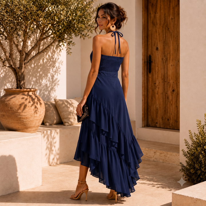 Thelma halter asymmetric hem dress in navy blue - back view