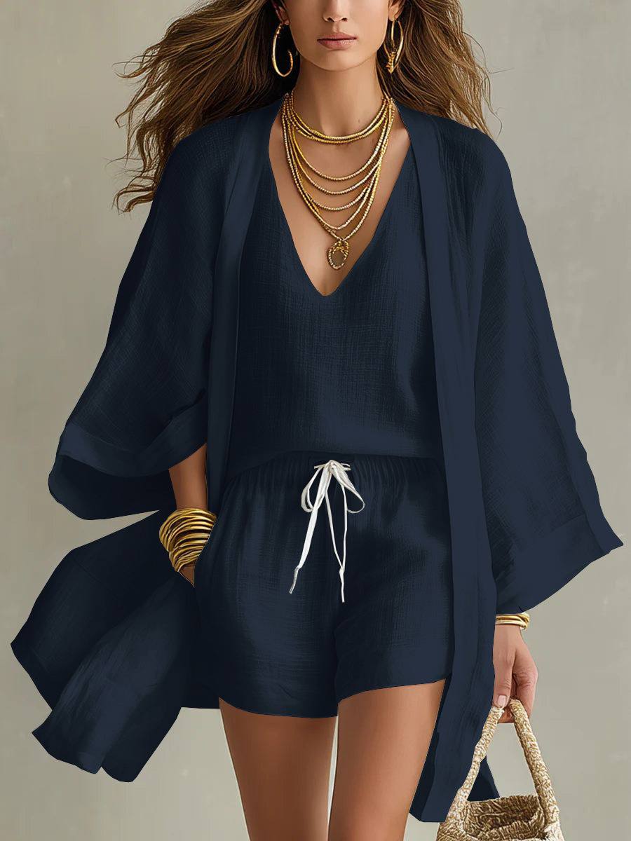 Marcia linen top, shorts and cardigan set on model