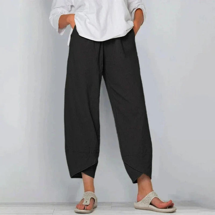 Side profile showing the tapered leg of the Frances pants