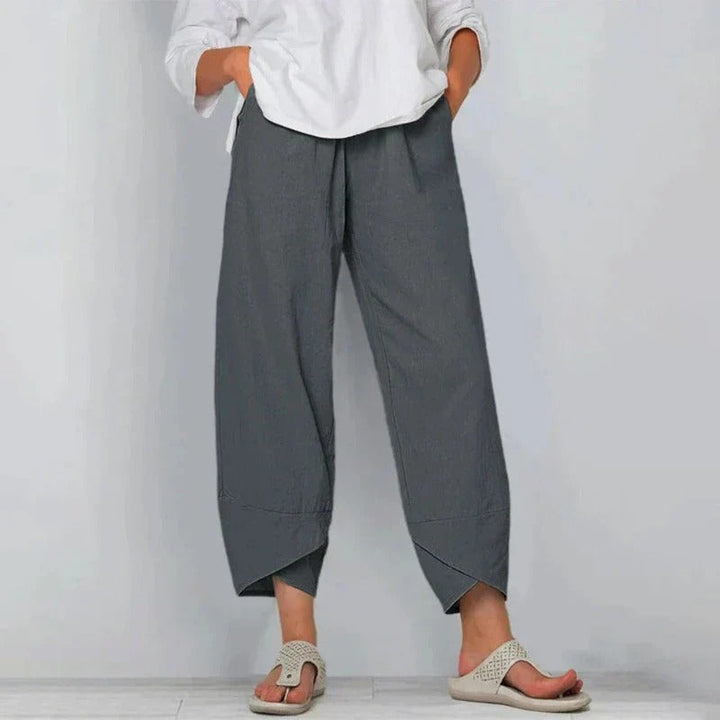 Close-up of waistband and fit detail on the Frances pants