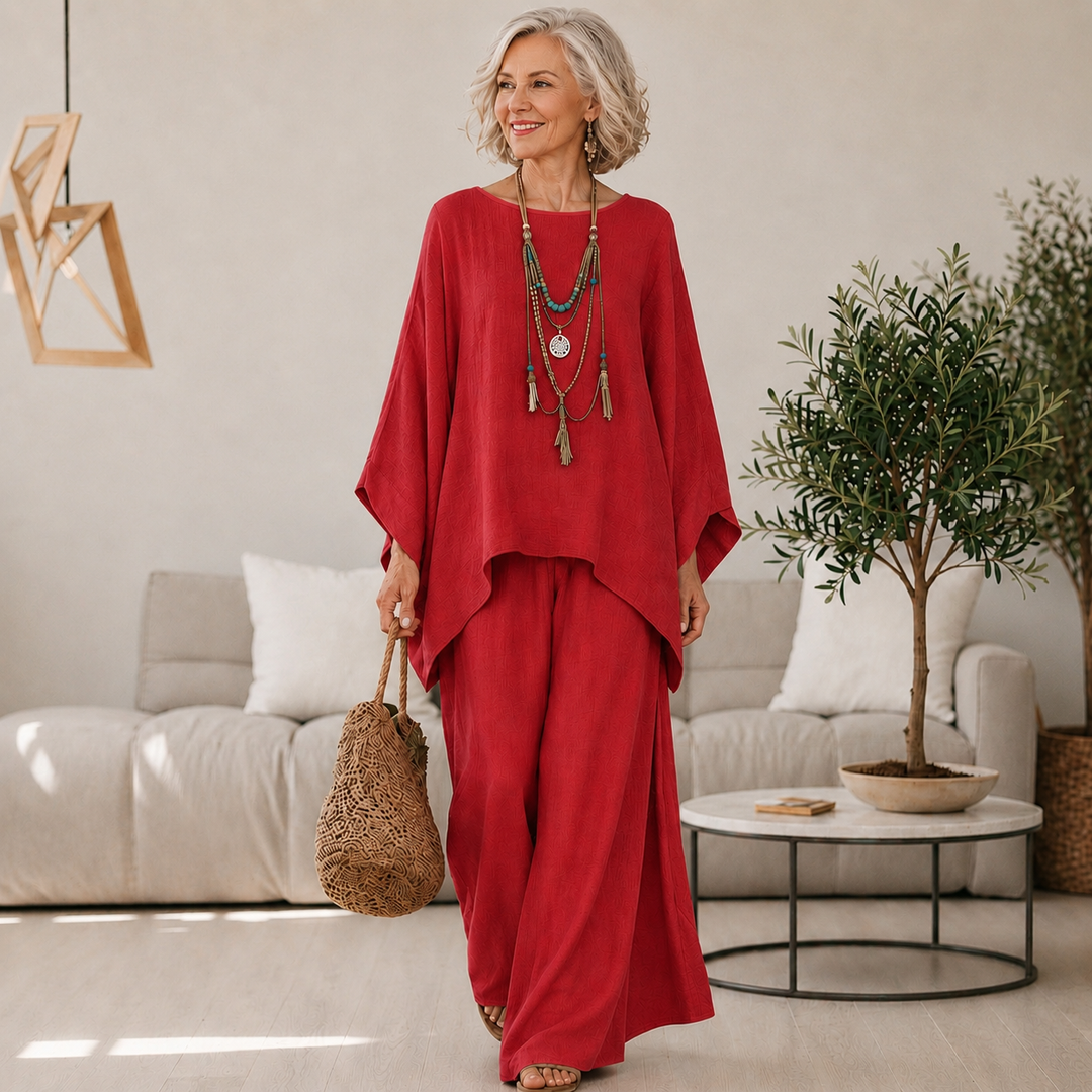 Diane two-piece loungewear set with oversized top and wide-leg pants, close-up fabric detail