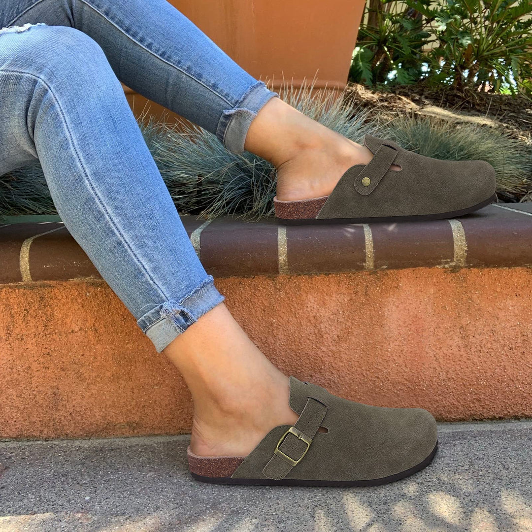 Riley suede ergonomic clogs back heel view