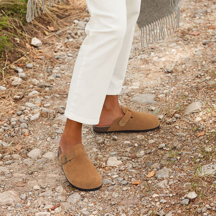 Riley suede ergonomic clogs sole detail, non-slip grip