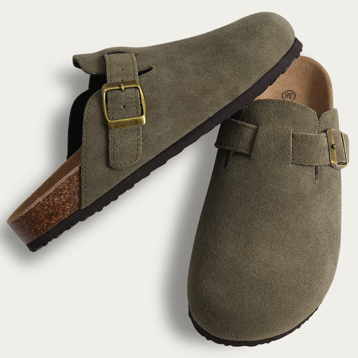 Riley suede ergonomic clogs front view