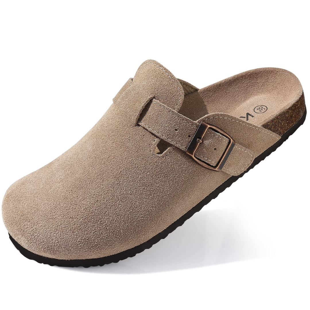 Riley suede ergonomic clogs shown from the top