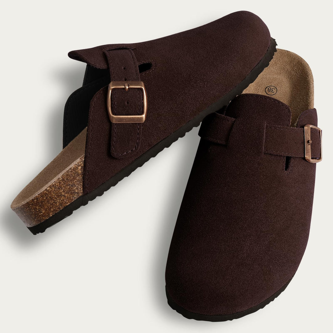 Riley suede ergonomic clogs styled with outfit