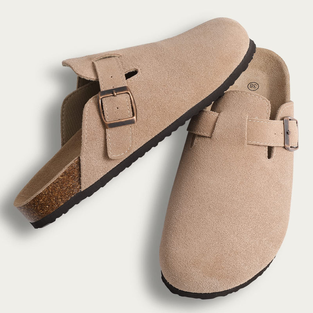 Riley suede ergonomic clogs side profile view