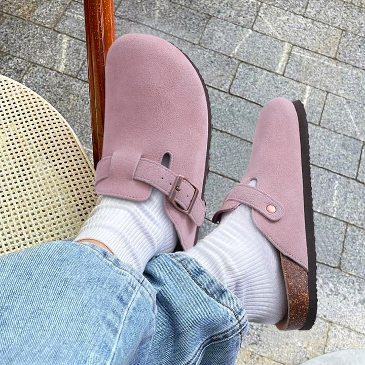Riley suede ergonomic clogs angled view