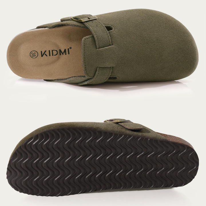 Riley suede ergonomic clogs pair on display