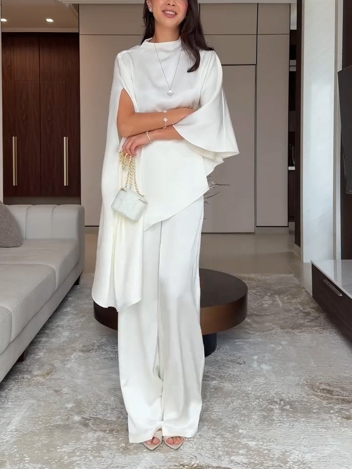 Eunice cape top and wide-leg satin trousers two-piece set