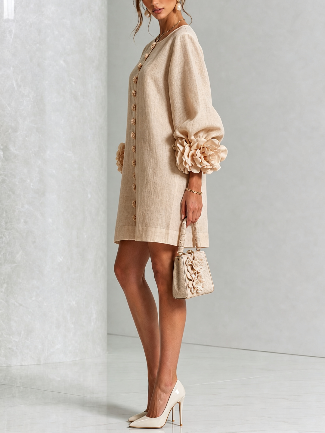 Vera rosette cuff mini dress in beige - view 2
