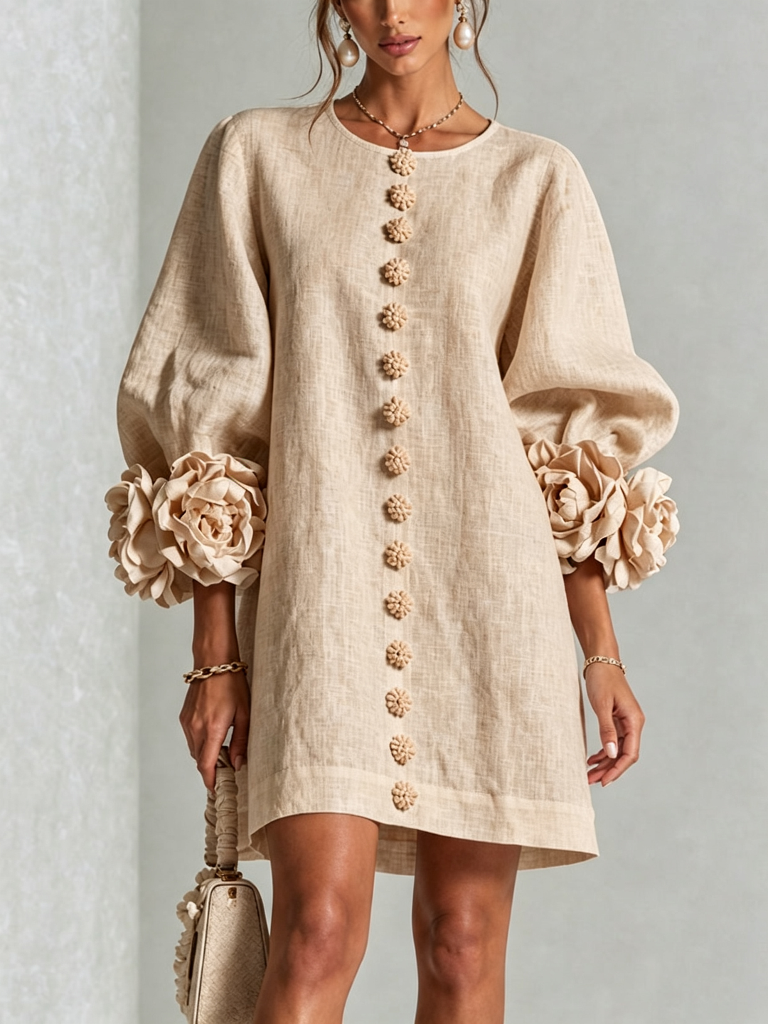 Vera rosette cuff mini dress in beige - view 1