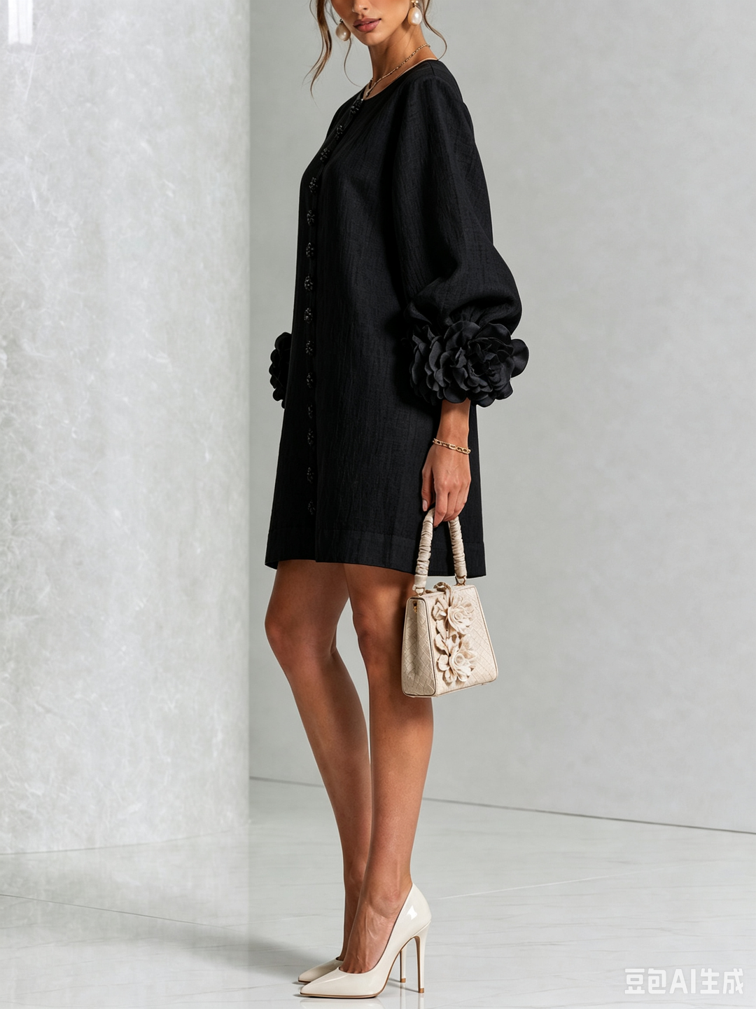 Vera rosette cuff mini dress in black - view 2