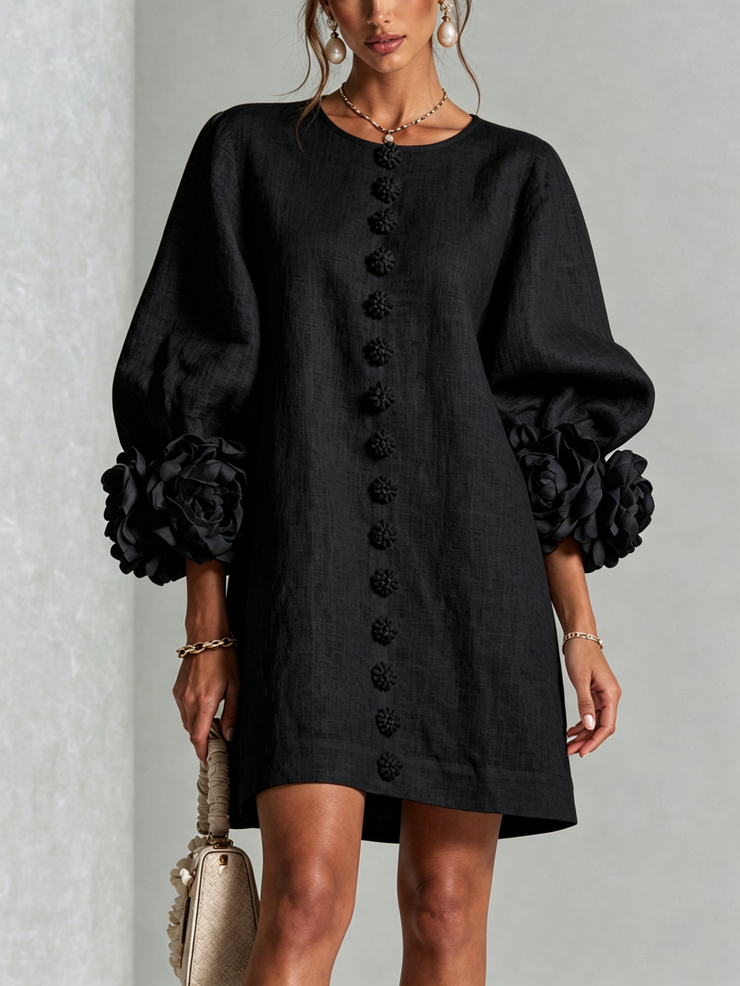 Vera rosette cuff mini dress in black - view 1