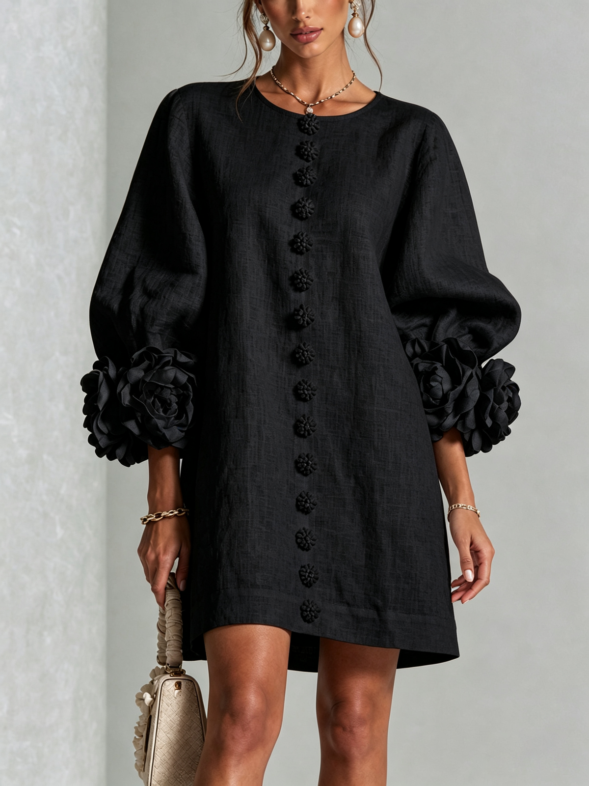 Vera rosette cuff mini dress in black - view 1