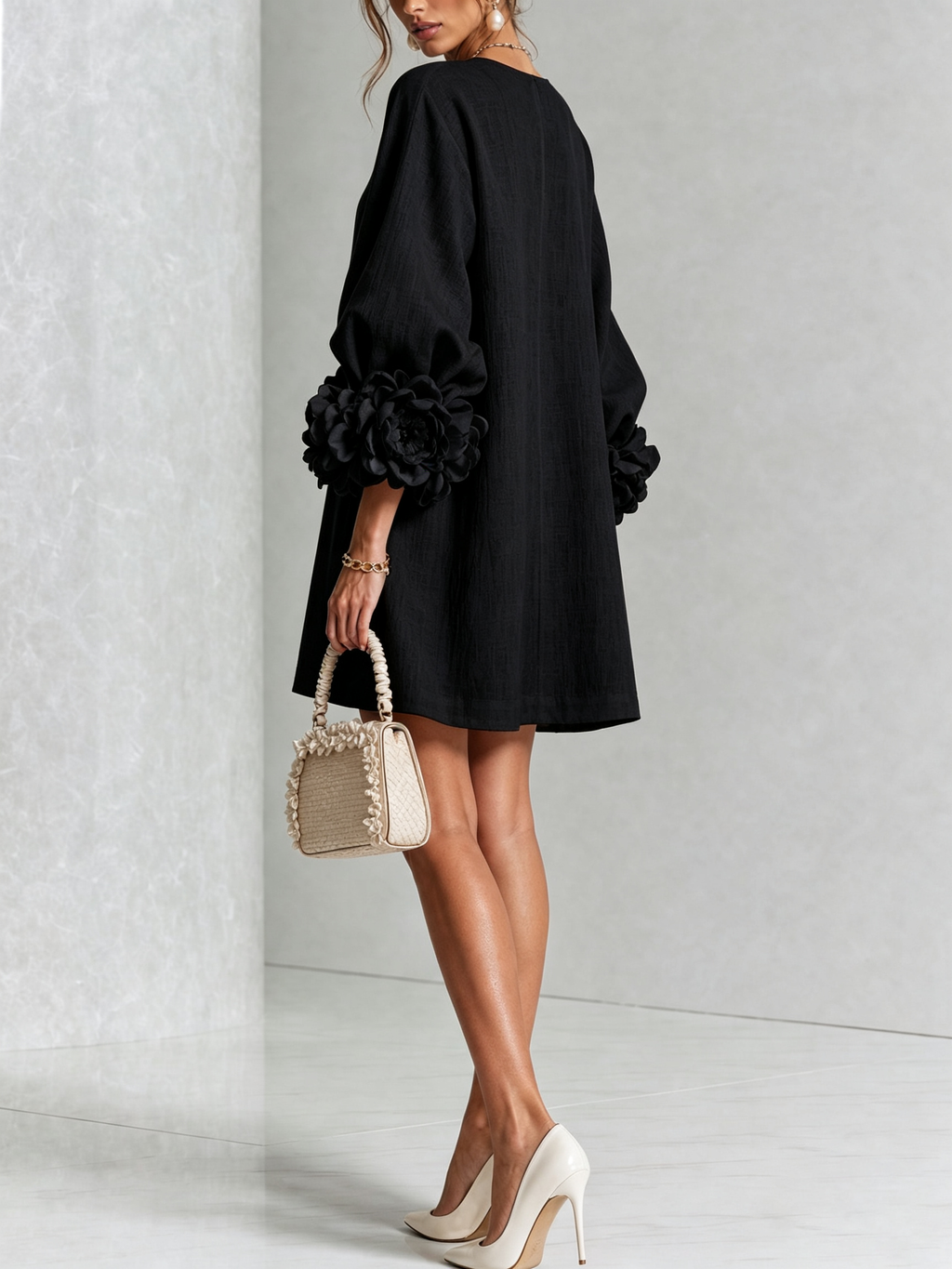 Vera rosette cuff mini dress in black - view 3