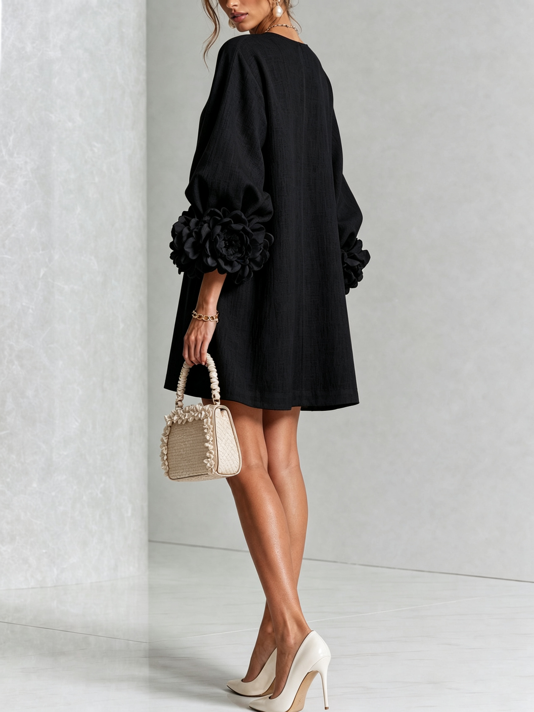 Vera rosette cuff mini dress in black - view 3