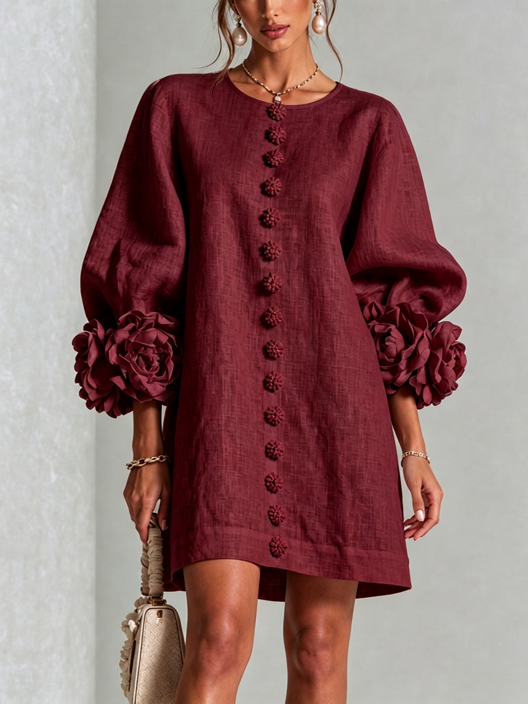 Vera rosette cuff mini dress in burgundy - view 1