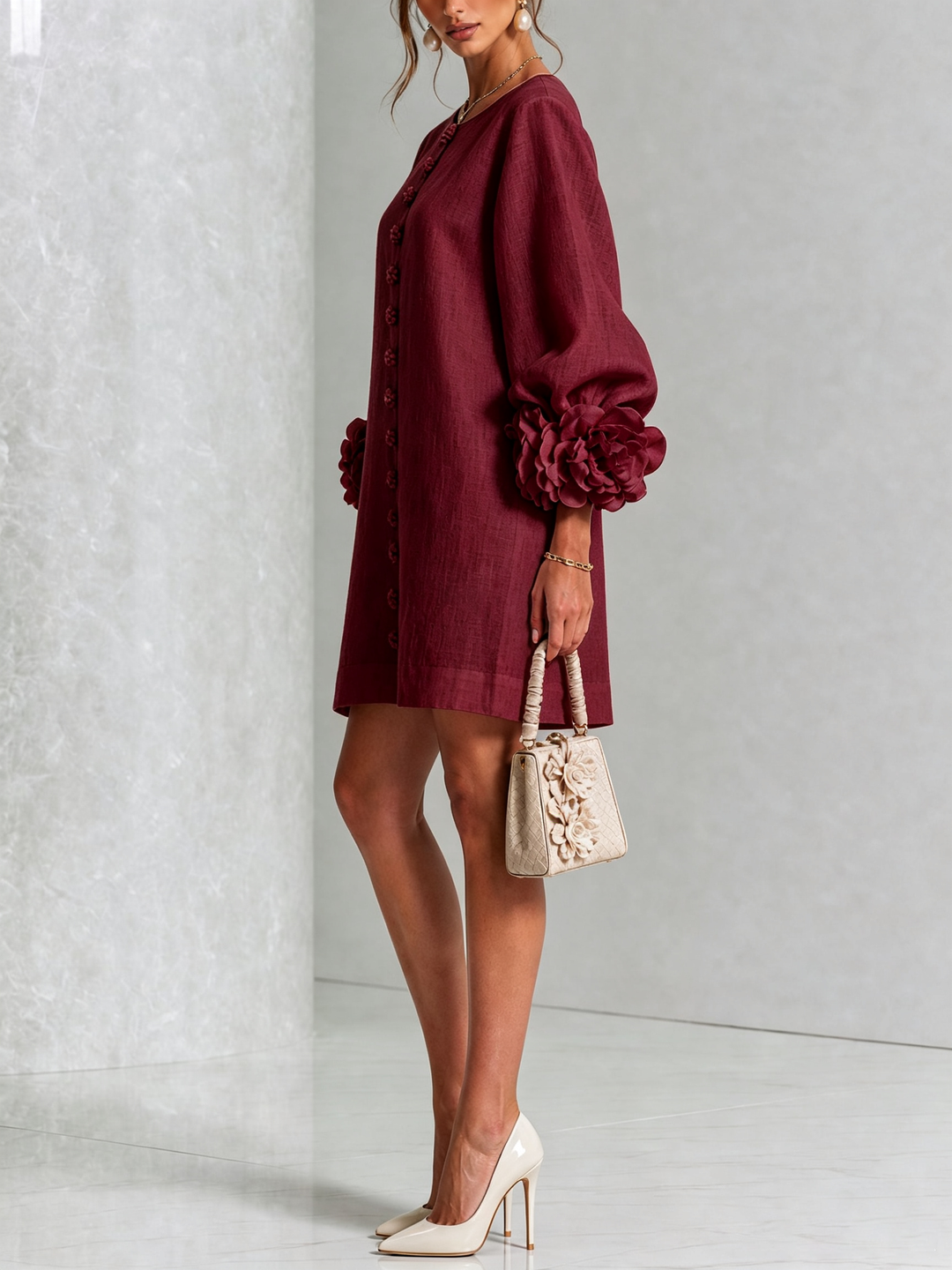 Vera rosette cuff mini dress in burgundy - view 2