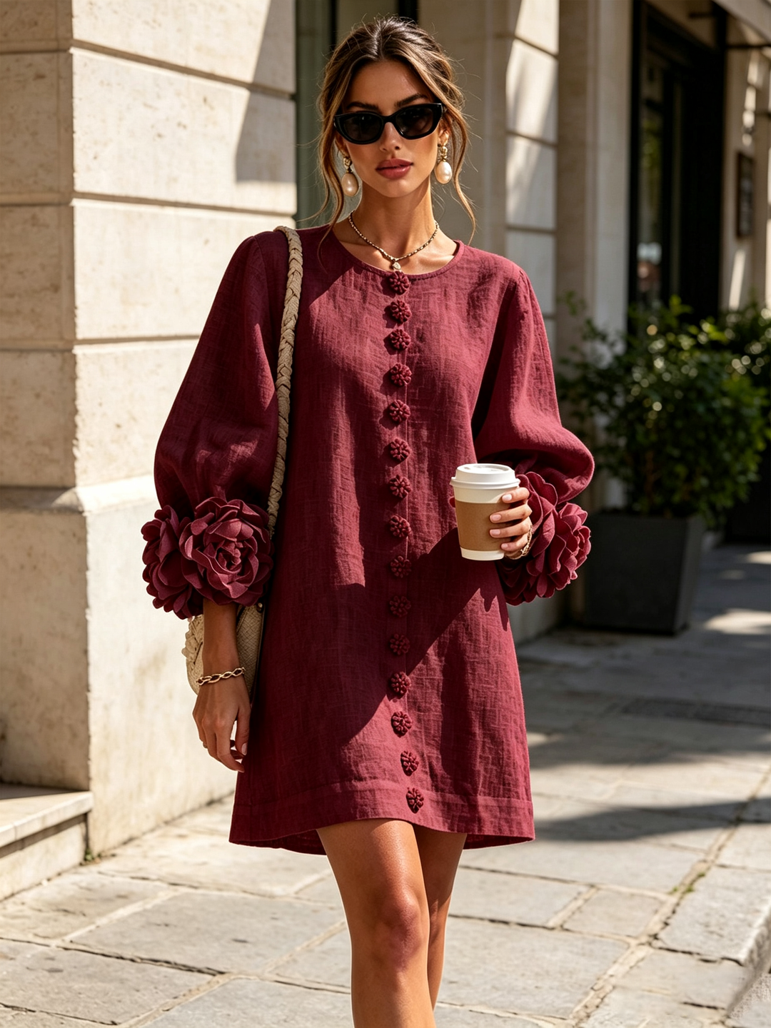 Vera rosette cuff mini dress in burgundy - view 4