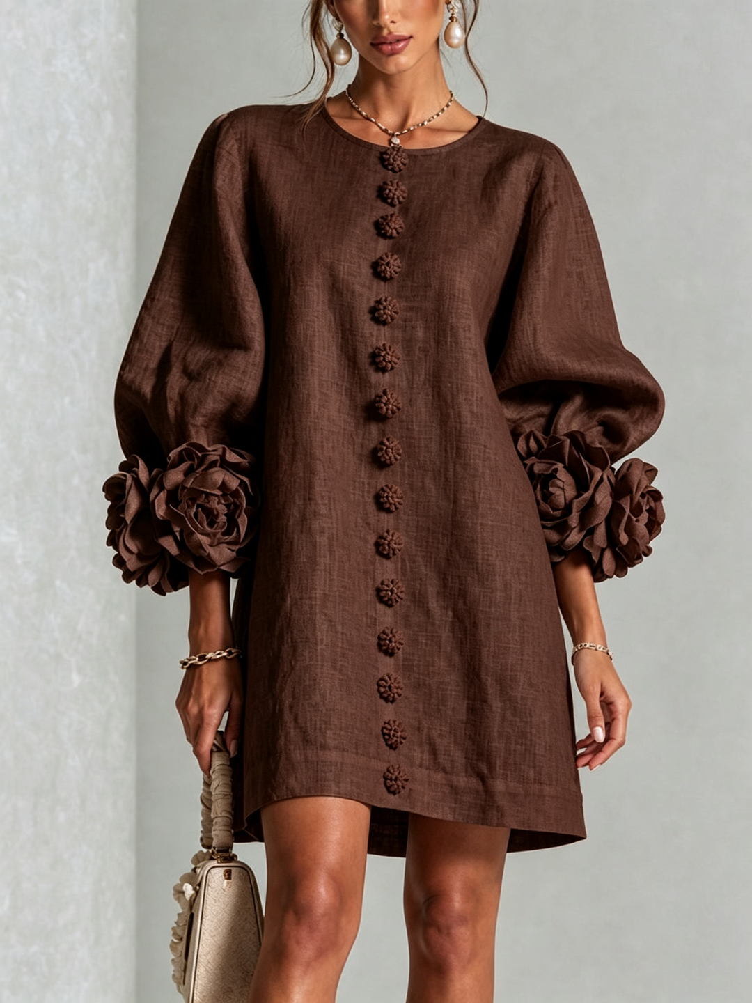 Vera rosette cuff mini dress in brown - view 1