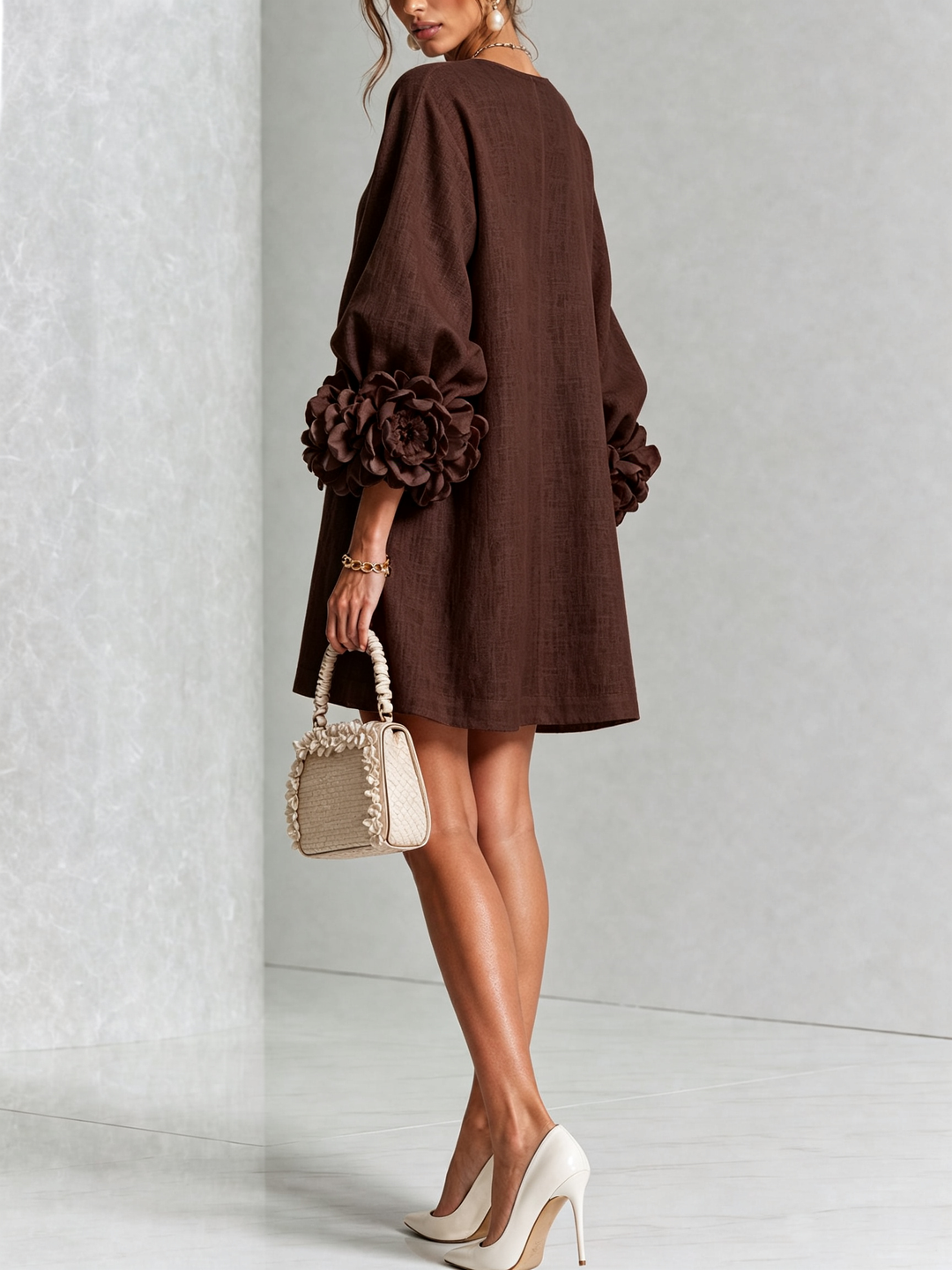 Vera rosette cuff mini dress in brown - view 3