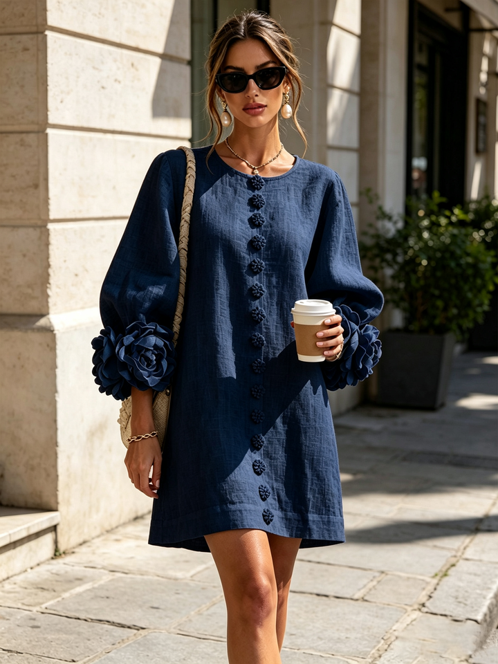 Vera rosette cuff mini dress in navy blue - view 4