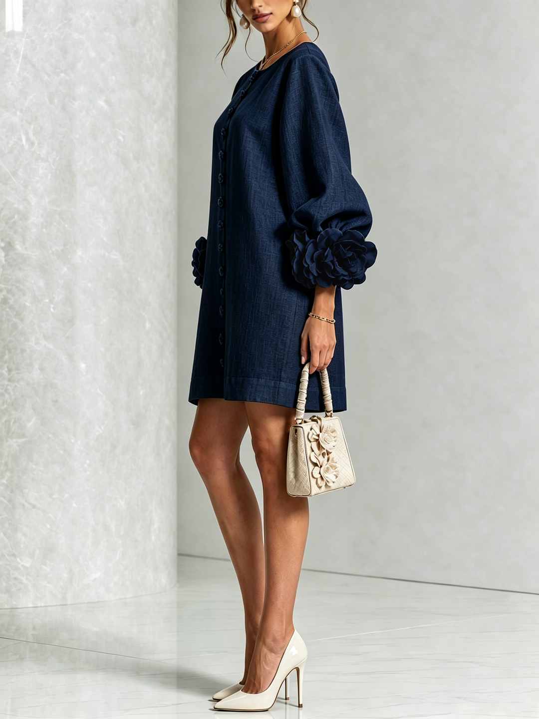 Vera rosette cuff mini dress in navy blue - view 2