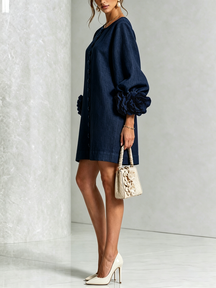 Vera rosette cuff mini dress in navy blue - view 2