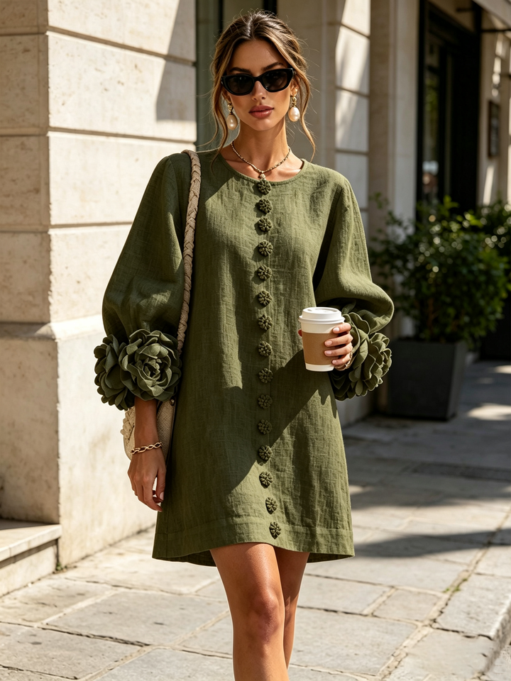 Vera rosette cuff mini dress in olive green - view 4