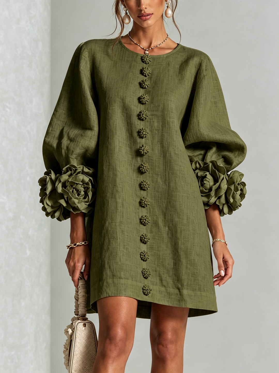 Vera rosette cuff mini dress in olive green - view 1