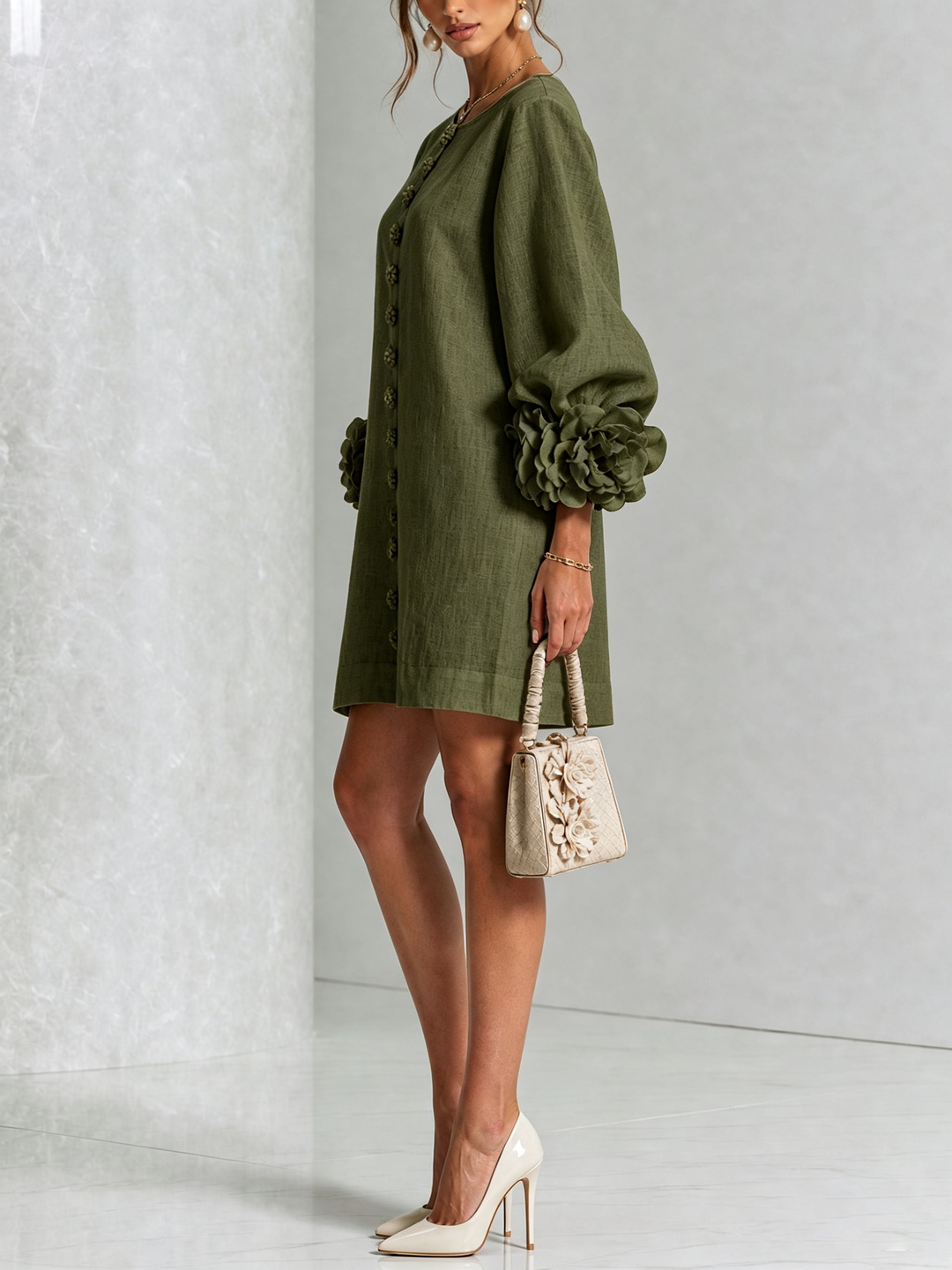 Vera rosette cuff mini dress in olive green - view 2