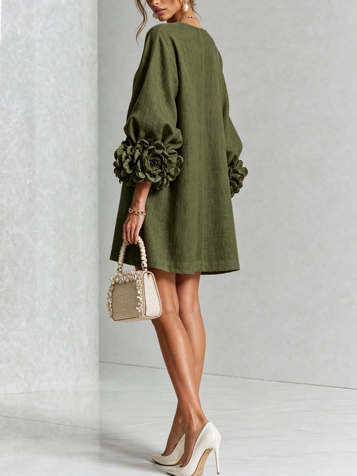 Vera rosette cuff mini dress in olive green - view 3
