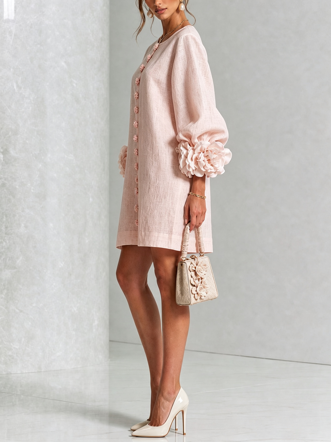 Vera rosette cuff mini dress in pink - view 2