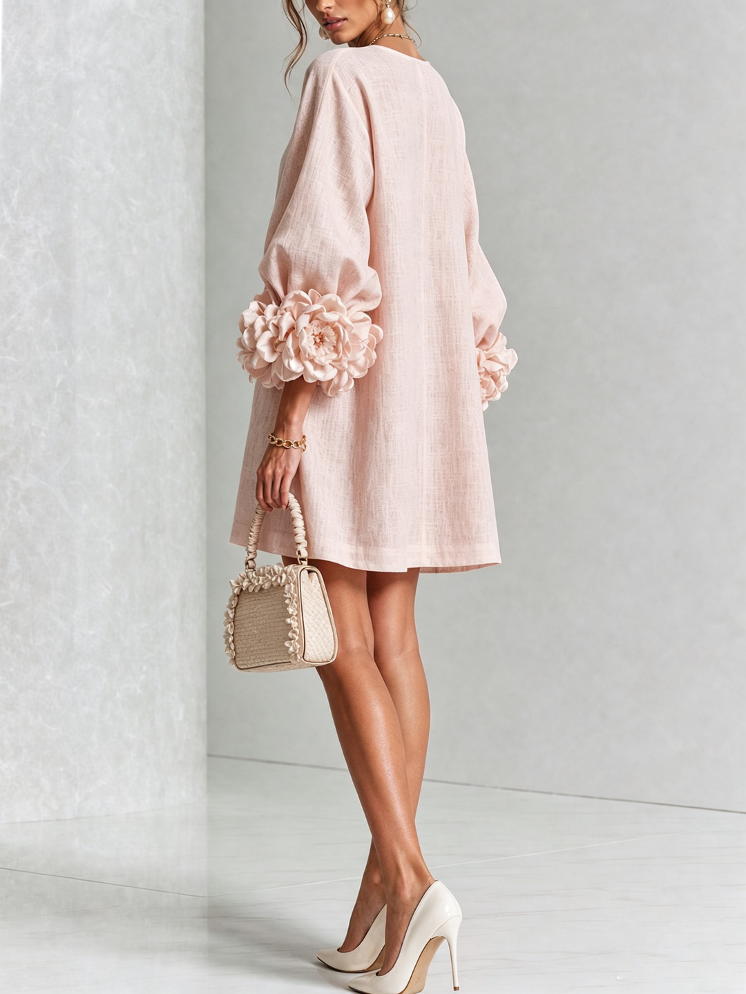 Vera rosette cuff mini dress in pink - view 3