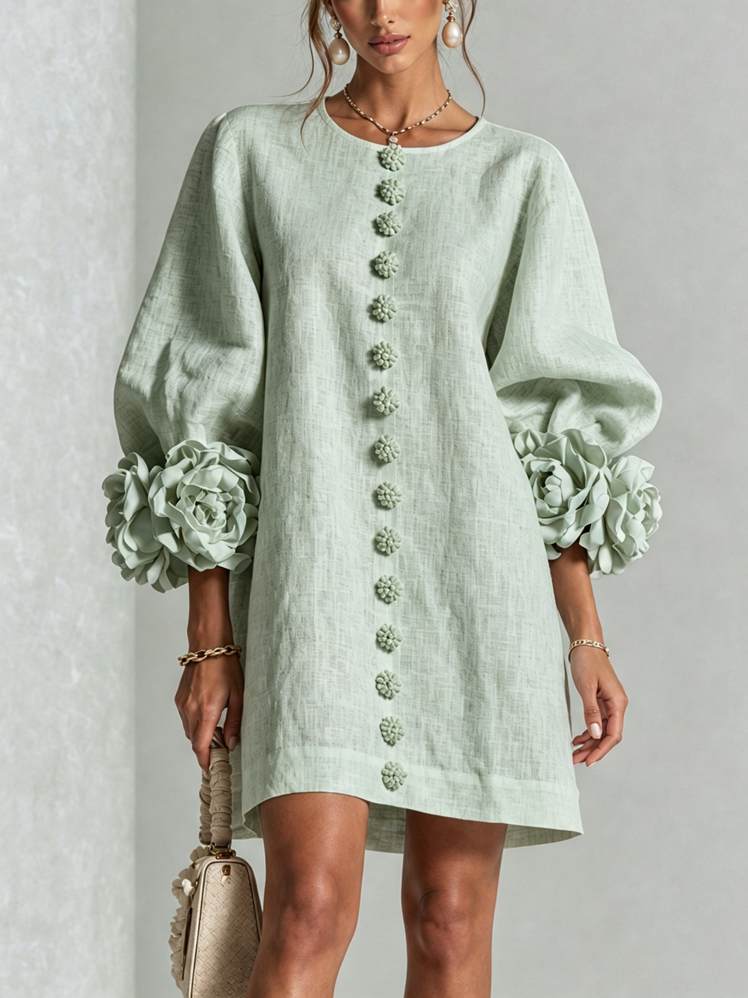 Vera rosette cuff mini dress in sage green - view 1