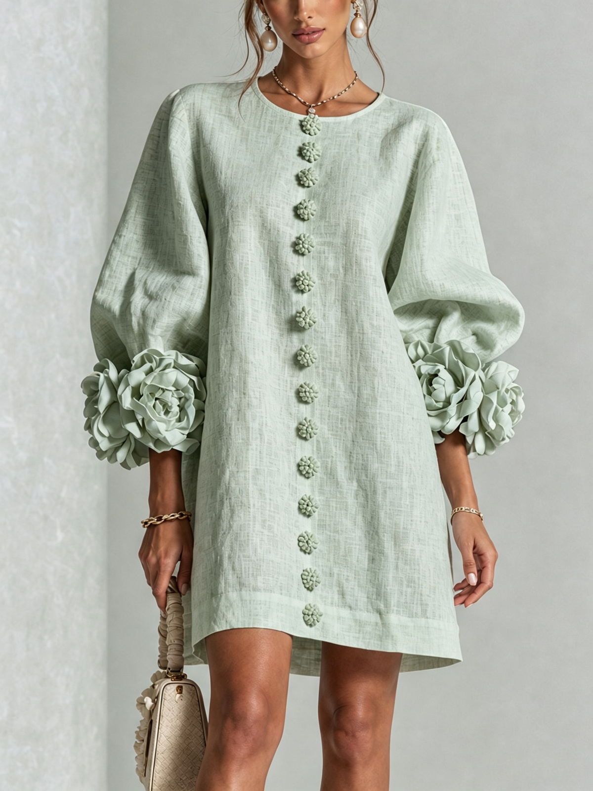Vera rosette cuff mini dress in sage green - view 1