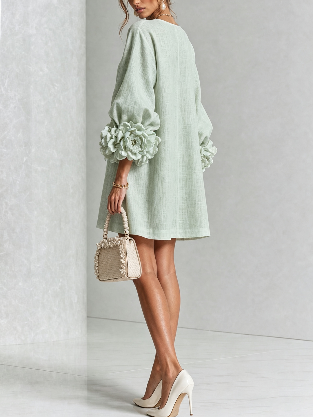Vera rosette cuff mini dress in sage green - view 3