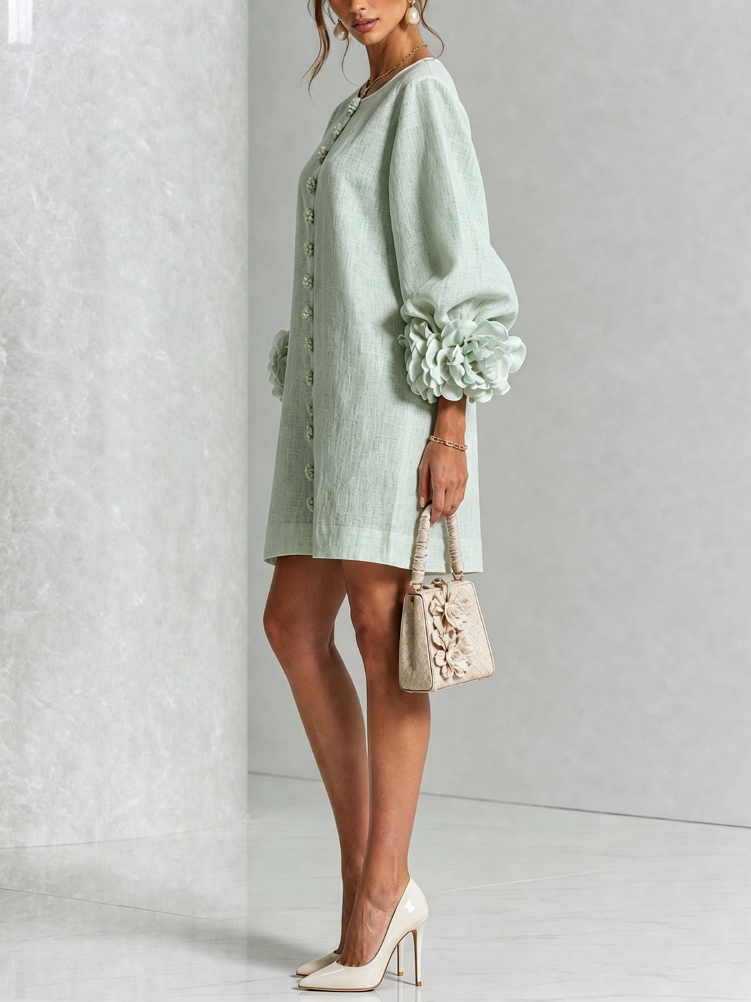 Vera rosette cuff mini dress in sage green - view 2