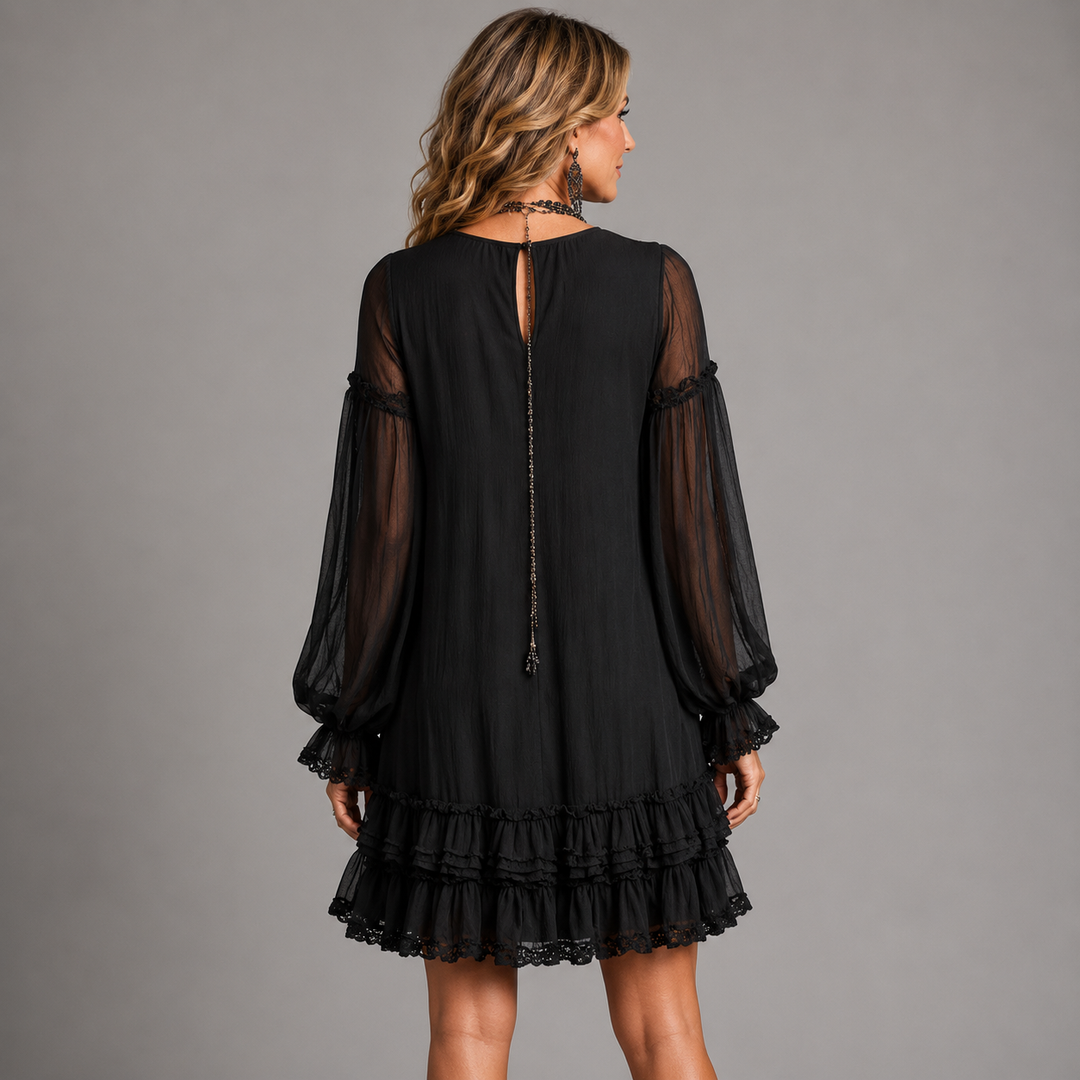 Nadine short dress back view showing fabric drape