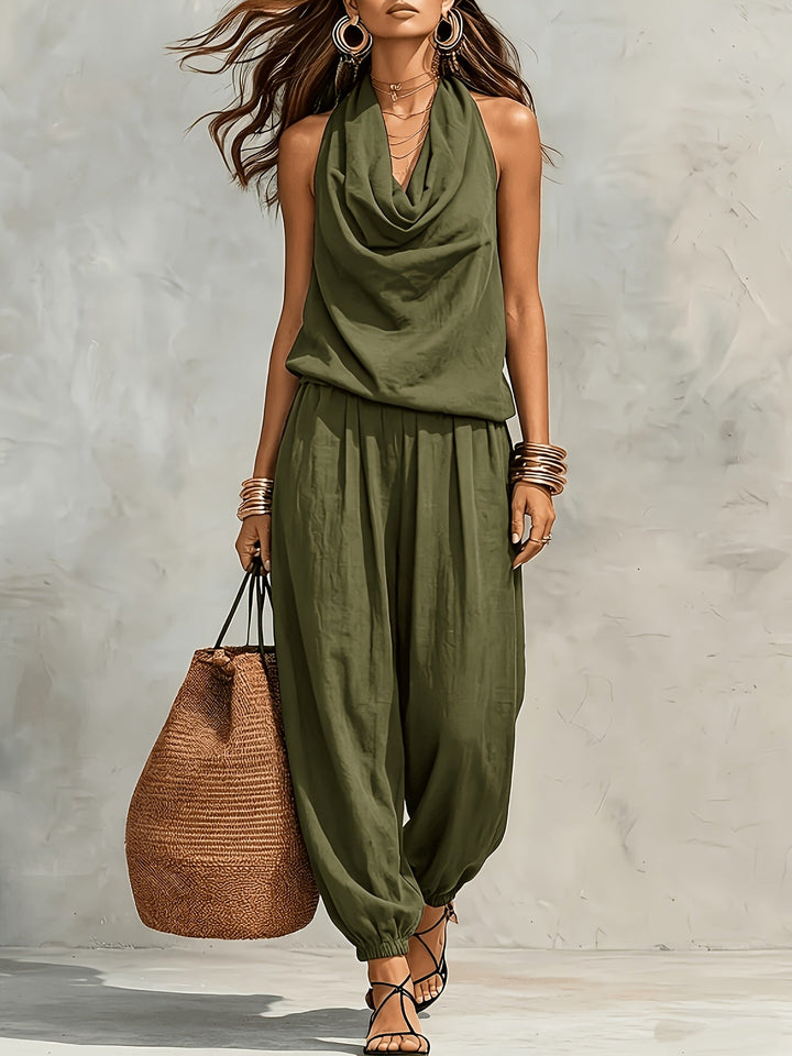 Linda linen set styled for daytime with flat shoes