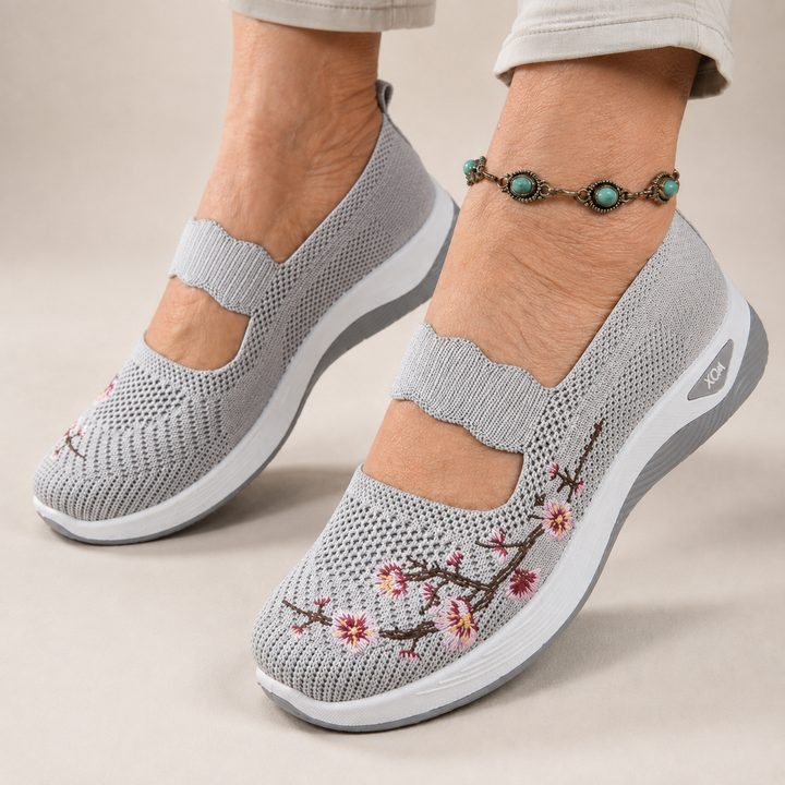 Donna Orthopedic Shoes, top view of knit upper and floral embroidery