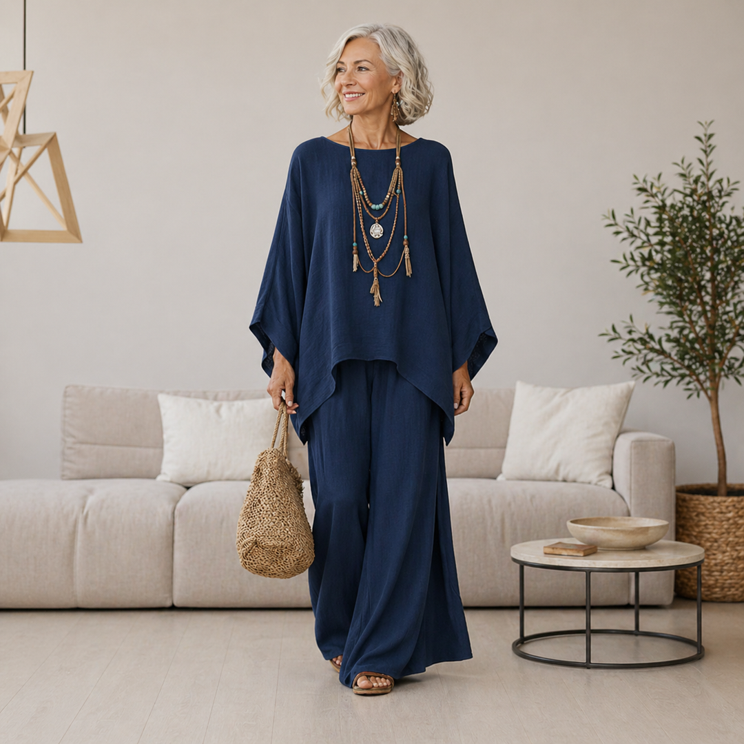 Diane two-piece loungewear set with oversized top and wide-leg pants, flat lay