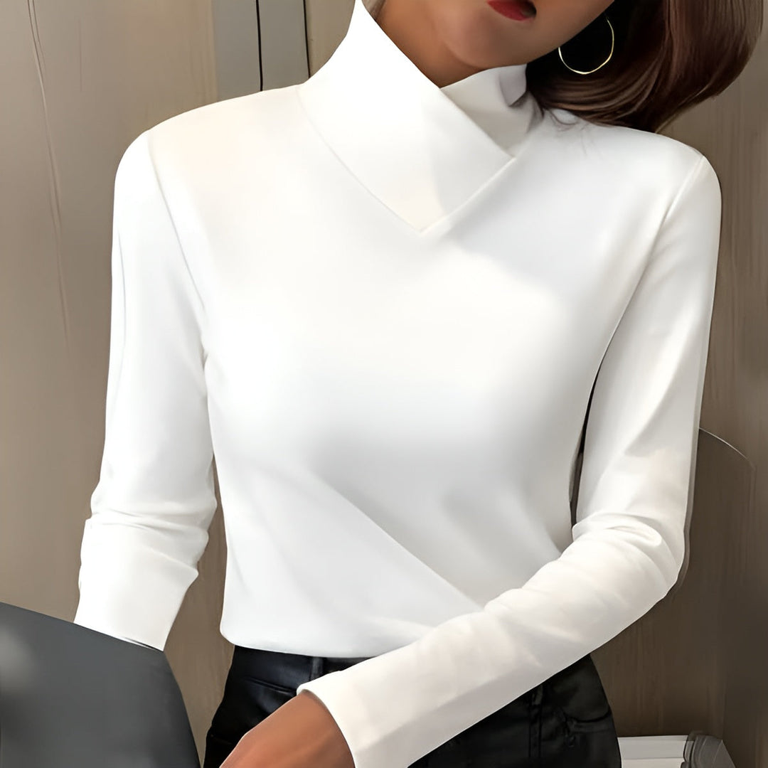Winifred high-neck sweater, front view showing the fitted silhouette