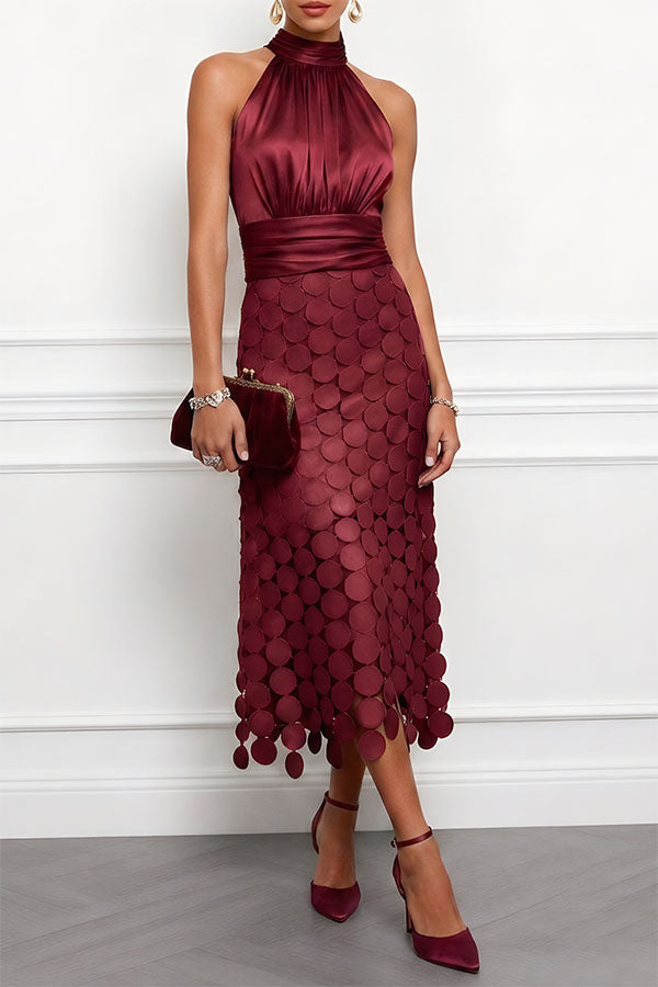 Virginia satin halter midi dress, styled lifestyle view