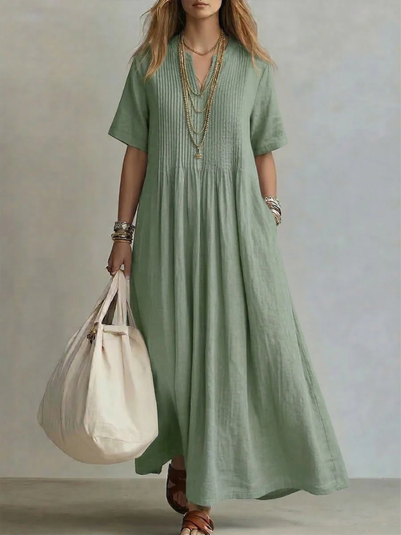 Irene pleated cotton maxi dress in sage green