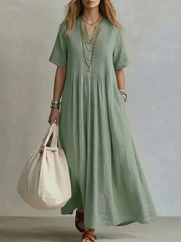 Irene pleated cotton maxi dress in sage green