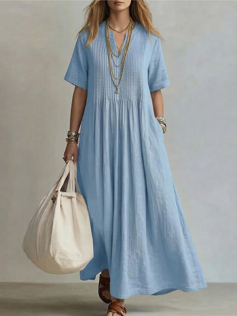 Irene pleated cotton maxi dress in sky blue