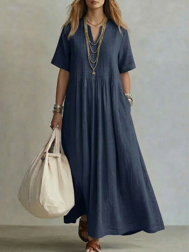 Irene pleated cotton maxi dress in navy blue