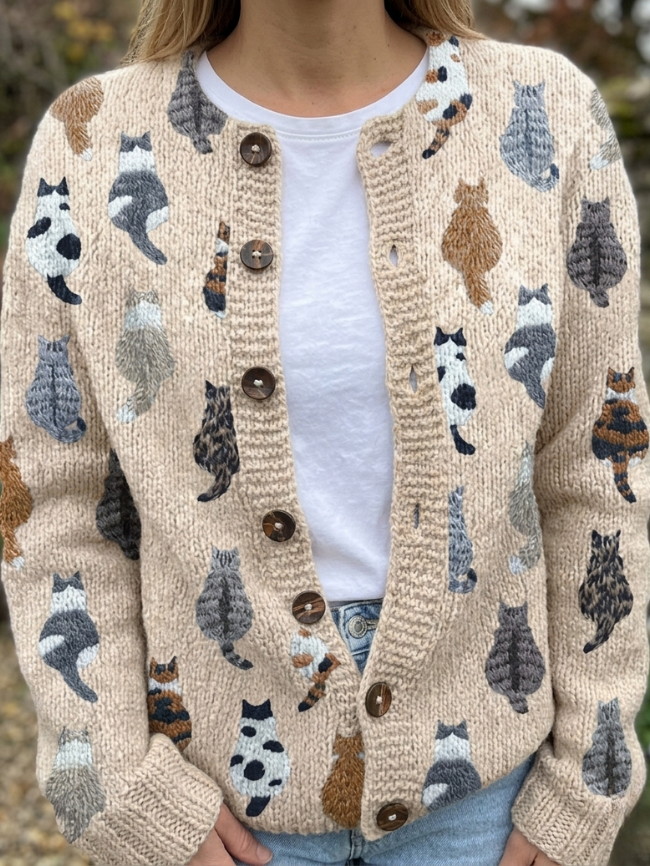 Joyce cat print cardigan in beige knit